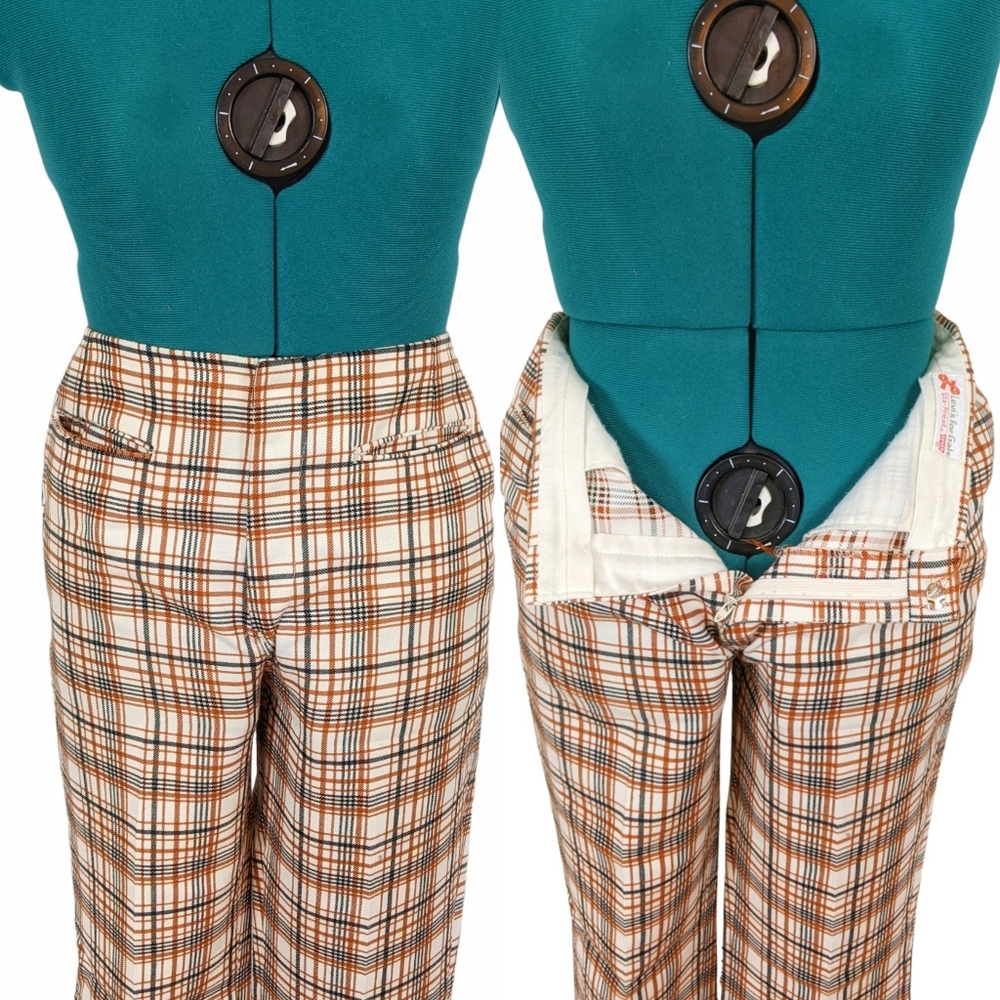 1960s Levi's for Gals Pants 1970s Bootcut Flare Trousers Plaid Brown Mid Rise - Picture 3 of 9